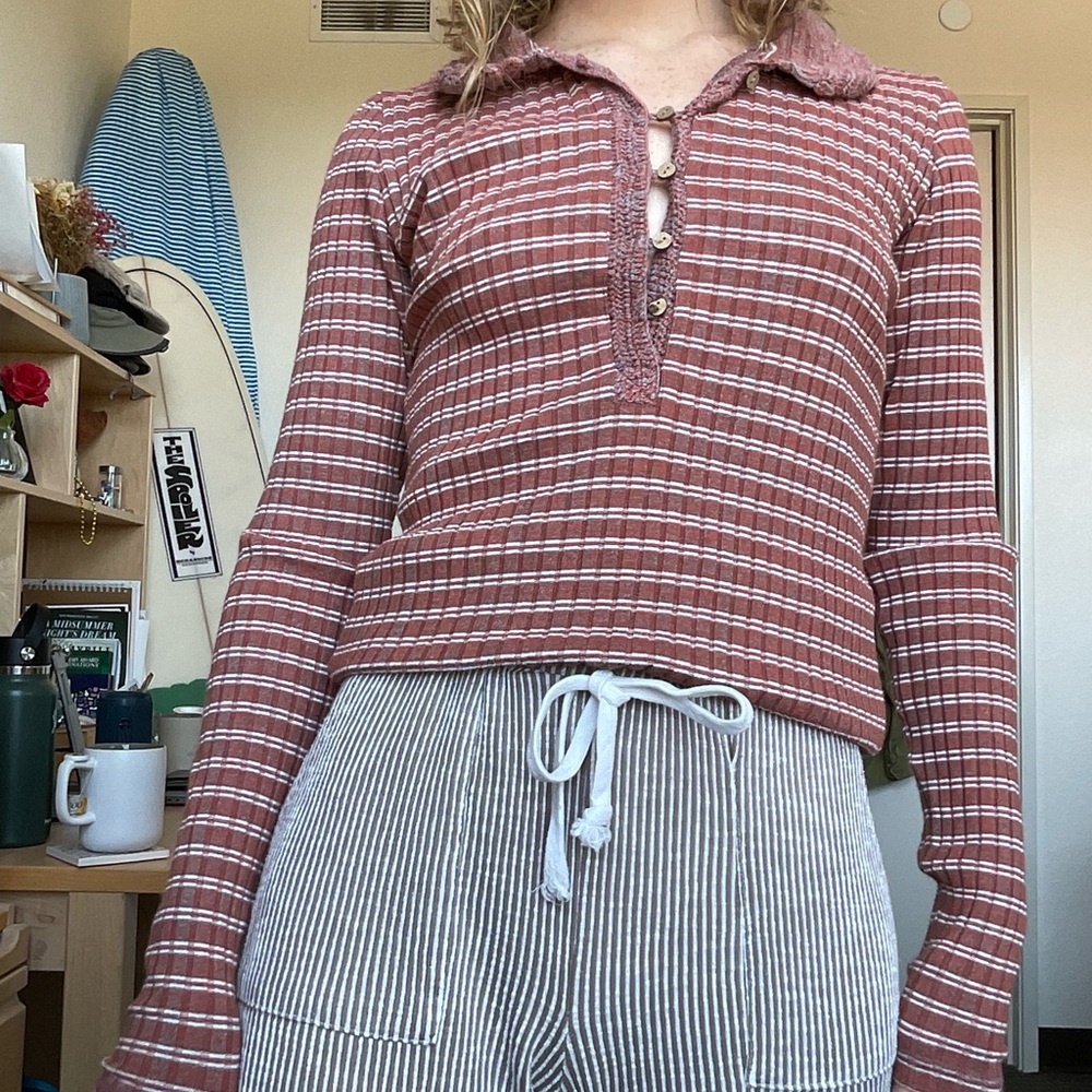 Free People Striped Long Sleeve Top - Rust and White